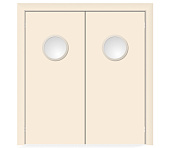 Влагостойкая дверь ПВХ EtaDoor с иллюминатором кремовая маятниковая двухстворчатая с алюминиевой кромкой