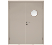 Влагостойкая дверь ПВХ EtaDoor с иллюминатором бежевая двухстворчатая с ПВХ кромкой